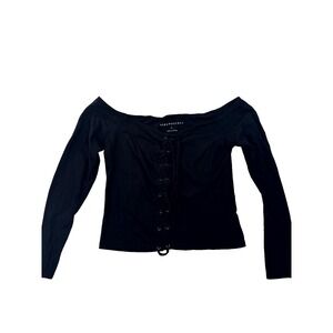 Aeropostale Cropped Top Women's Large Black Lace-Up Off The Shoulder